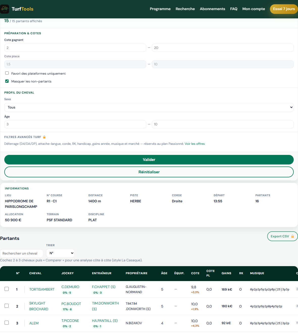 Interface TurfTools : filtres, informations de course et tableau des partants avec jockey, entraîneur et musique.